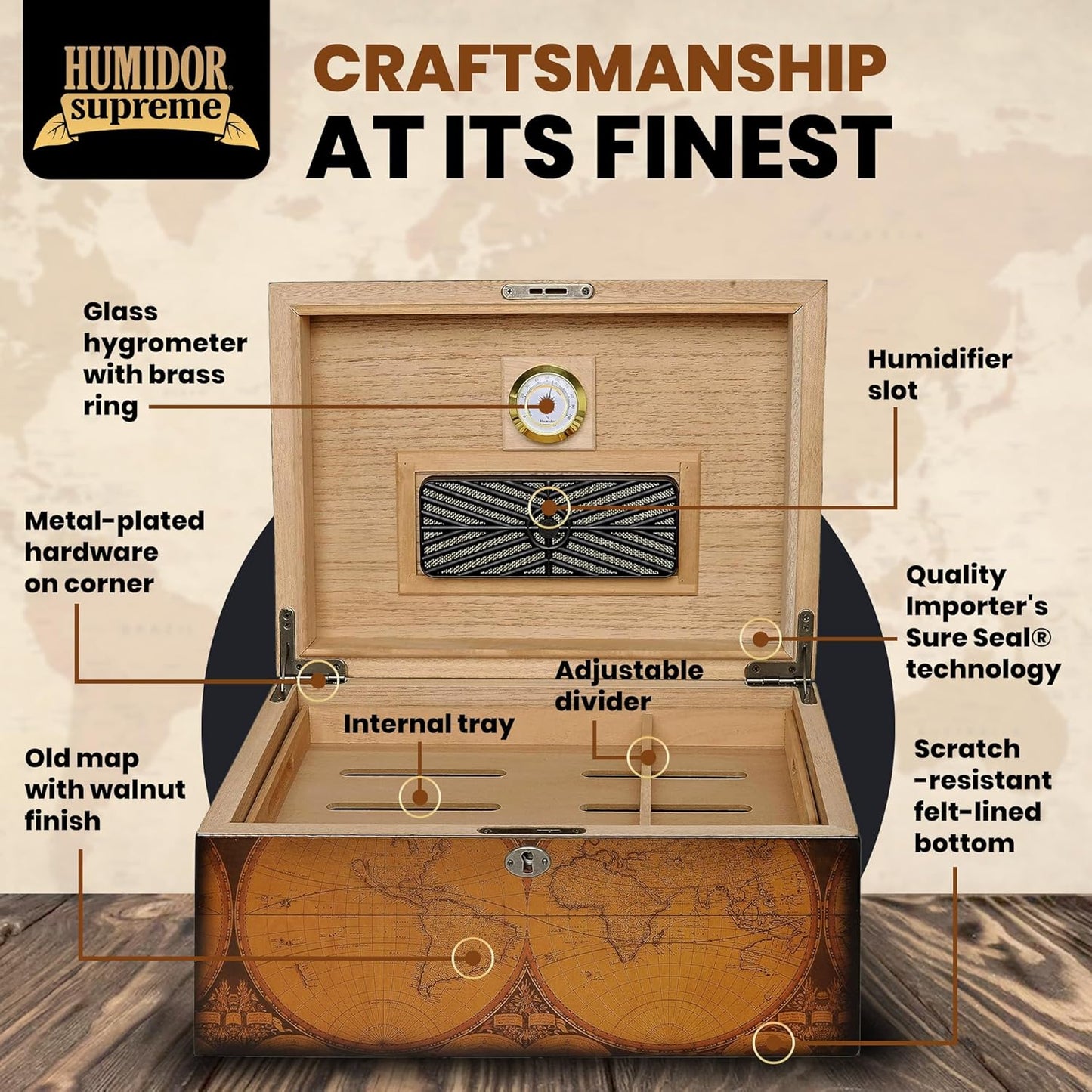 Old World Desktop Cigar Humidor | Holds 100 Cigars