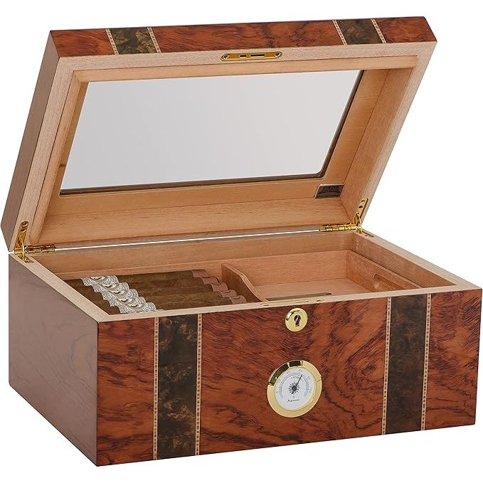 Andorra Desktop Humidor | Glasstop, Bubinga Veneer | Holds 75 Cigars