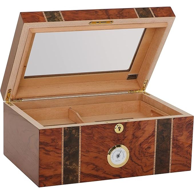 Andorra Desktop Humidor | Glasstop, Bubinga Veneer | Holds 75 Cigars