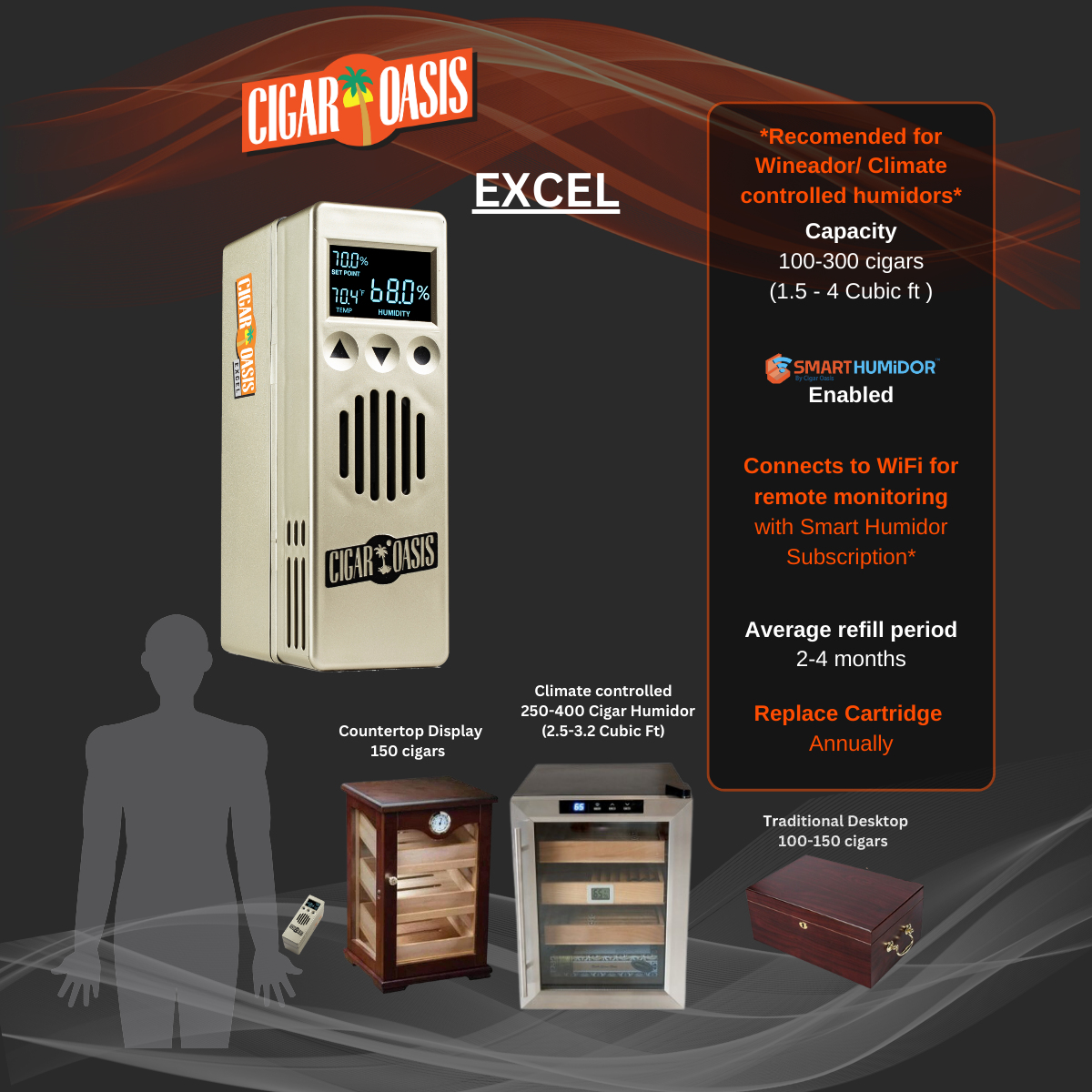 Cigar Oasis Excel 3.0 Electric Cigar Humidifier | 100-300 cigars