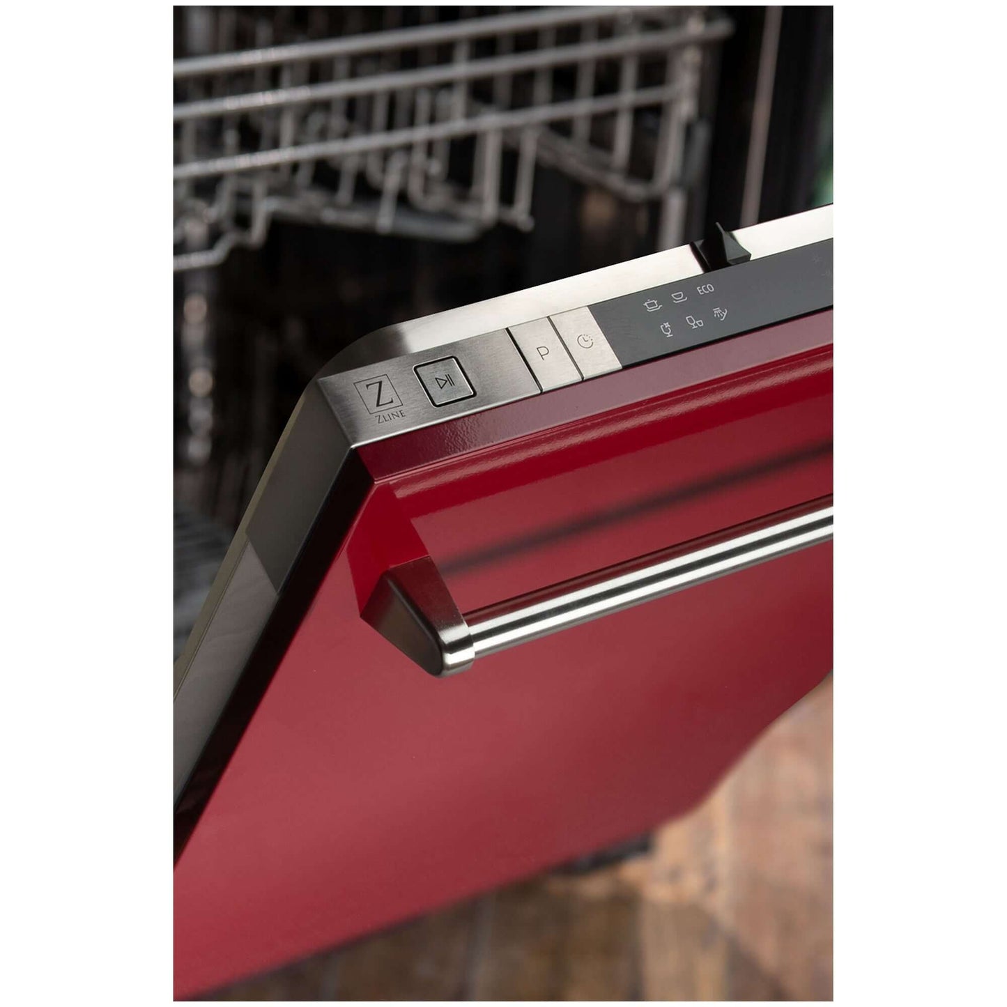 ZLINE 18 in. Compact Top Control Dishwasher with Red Gloss Panel and Traditional Handle, 52dBa (DW-RG-18)