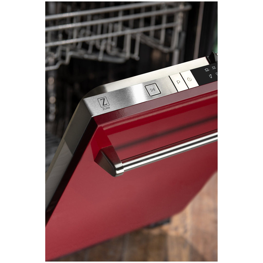 ZLINE 24 in. Top Control Dishwasher with Red Gloss Panel and Traditional Style Handle, 52dBa (DW-RG-24)