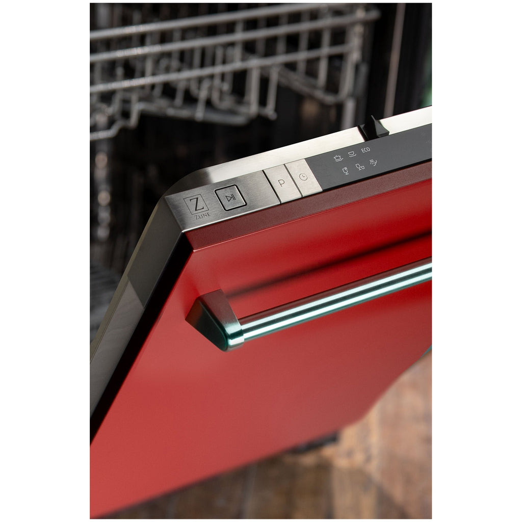 ZLINE 18 in. Compact Top Control Dishwasher with Red Matte Panel and Traditional Handle, 52dBa (DW-RM-18)