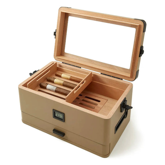 Military Glass Top Humidor | Holds 100 Cigars | Coyote Tan