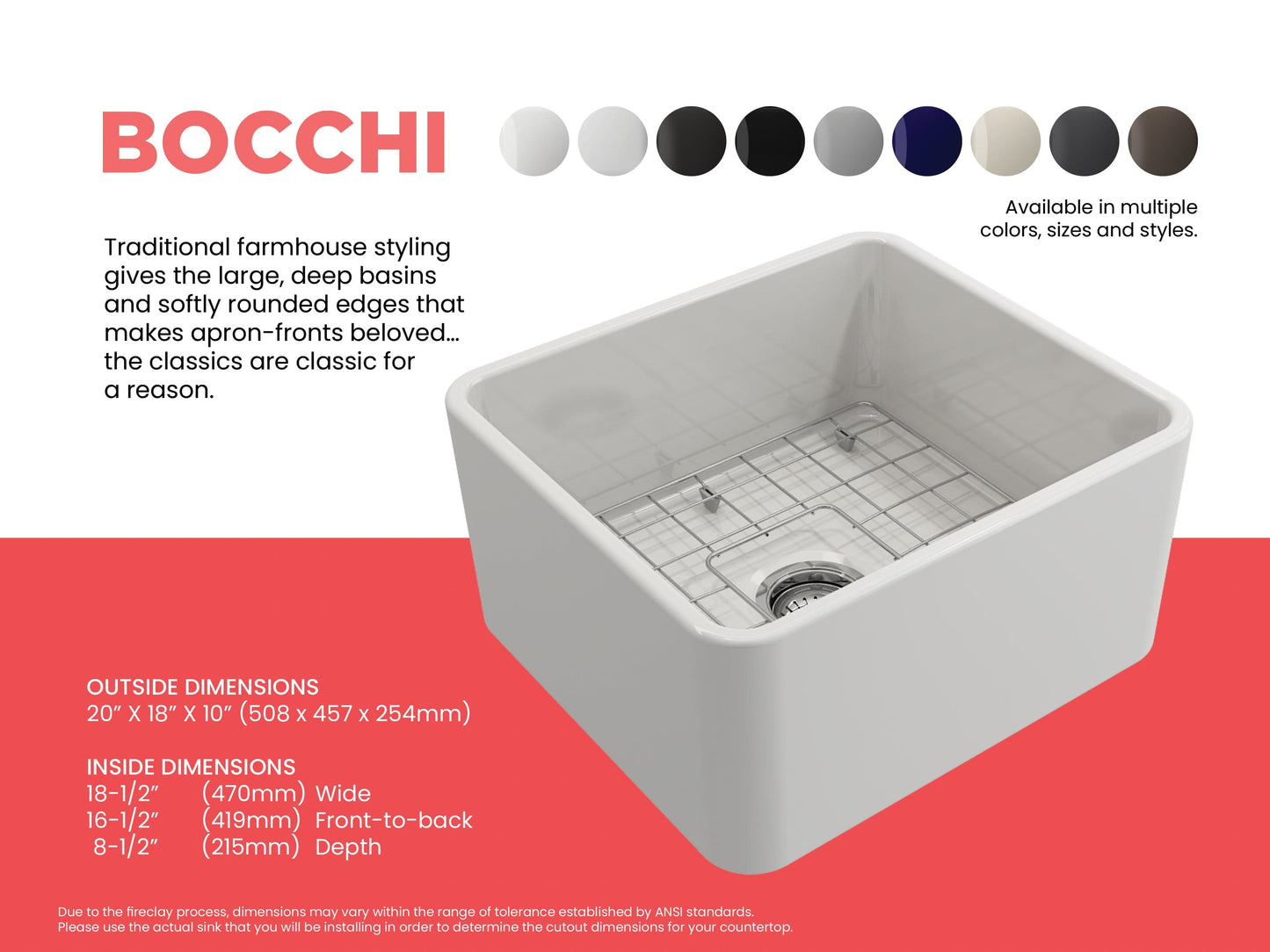 BOCCHI CLASSICO 20" Fireclay Farmhouse Single Bowl Kitchen Sink with Protective Bottom Grid and Strainer