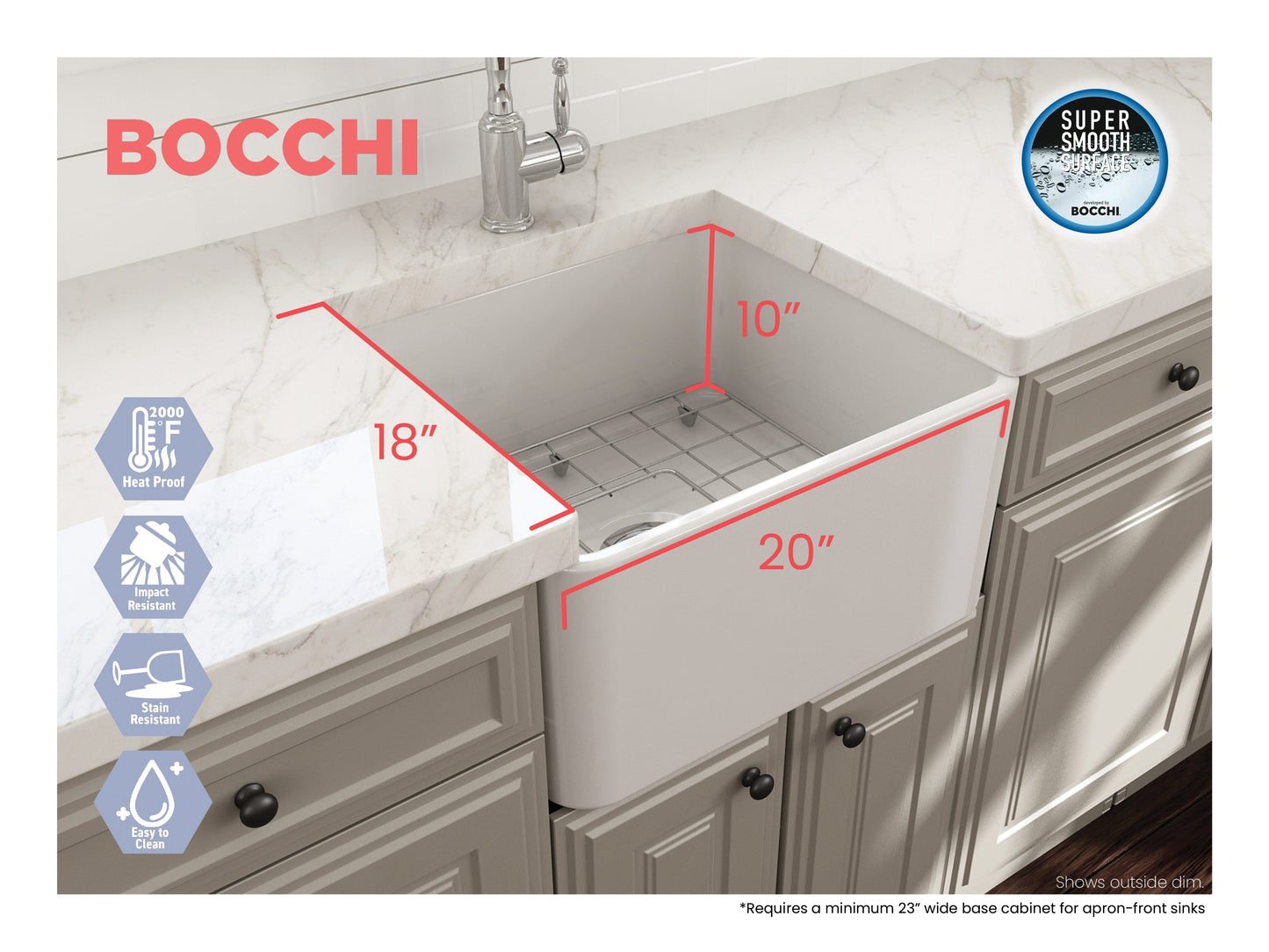 BOCCHI CLASSICO 20" Fireclay Farmhouse Single Bowl Kitchen Sink with Protective Bottom Grid and Strainer