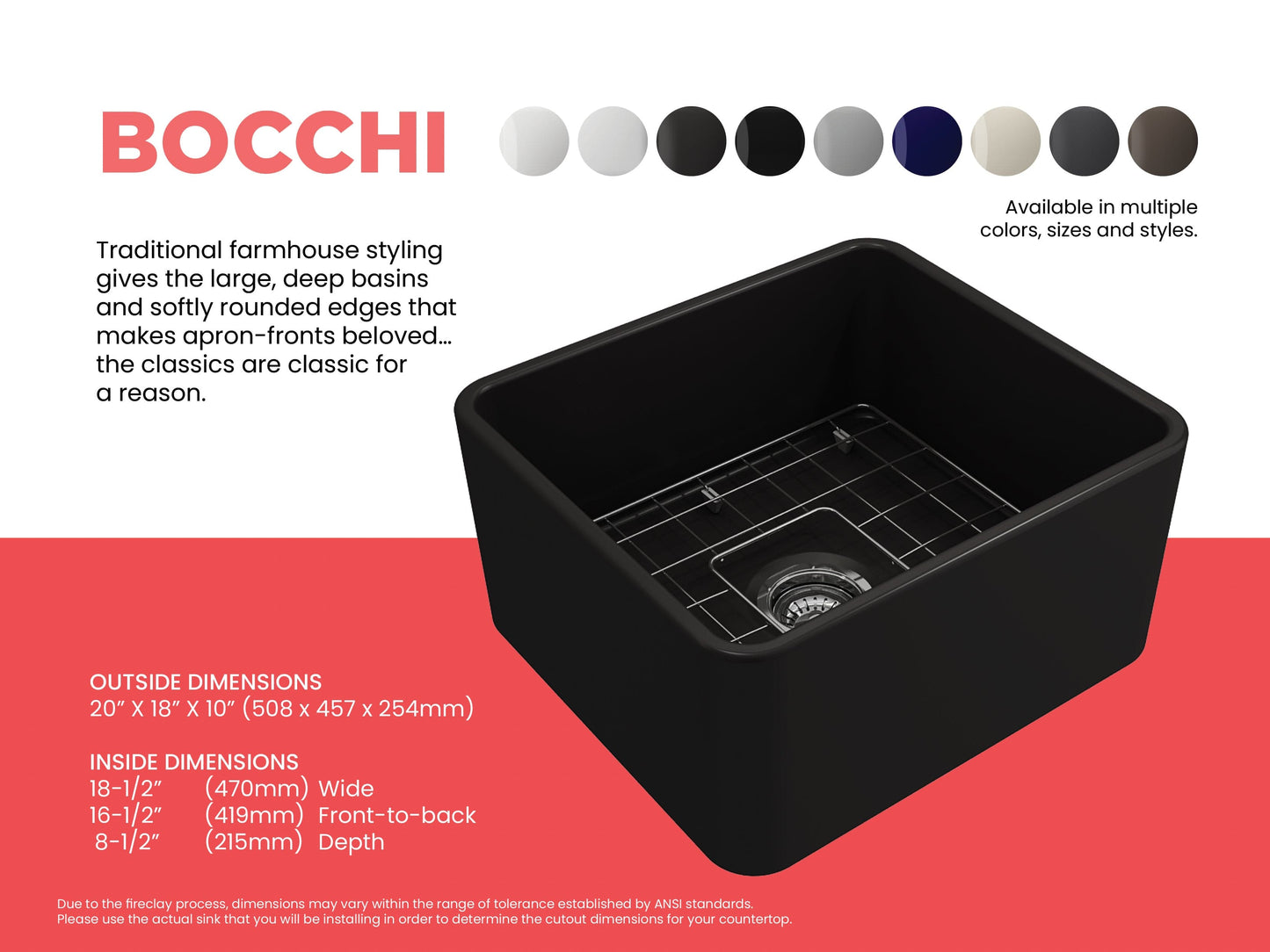 BOCCHI CLASSICO 20" Fireclay Farmhouse Single Bowl Kitchen Sink with Protective Bottom Grid and Strainer