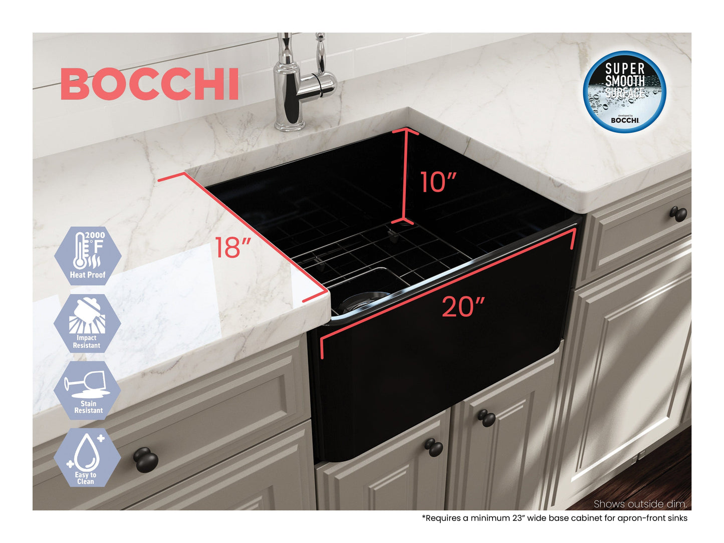 BOCCHI CLASSICO 20" Fireclay Farmhouse Single Bowl Kitchen Sink with Protective Bottom Grid and Strainer