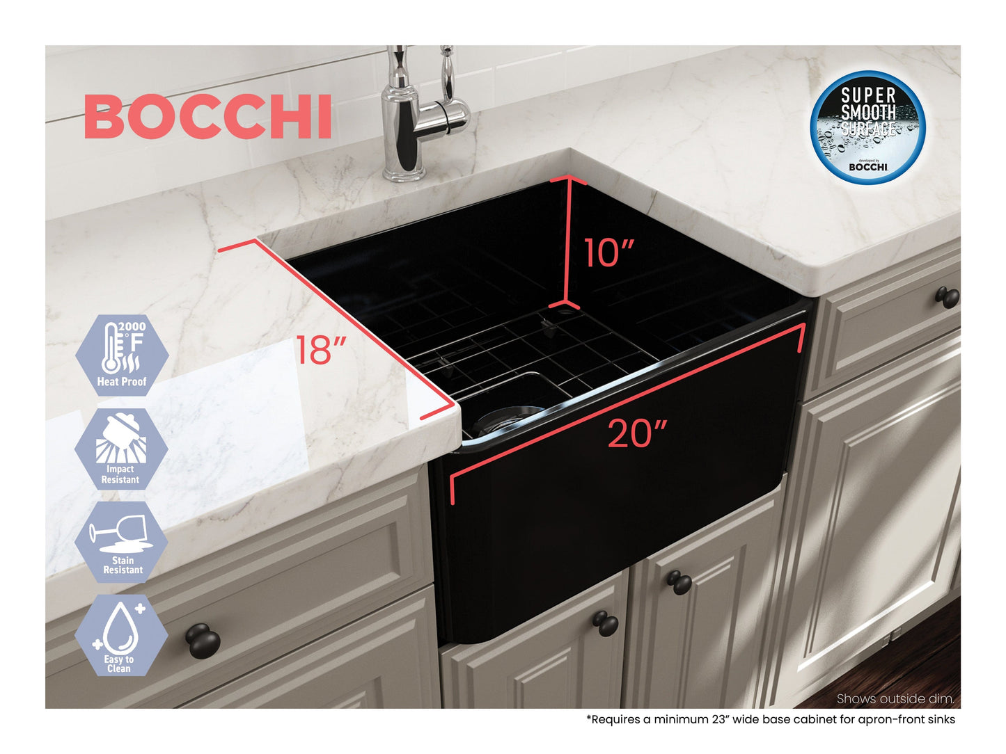 BOCCHI CLASSICO 20" Fireclay Farmhouse Single Bowl Kitchen Sink with Protective Bottom Grid and Strainer