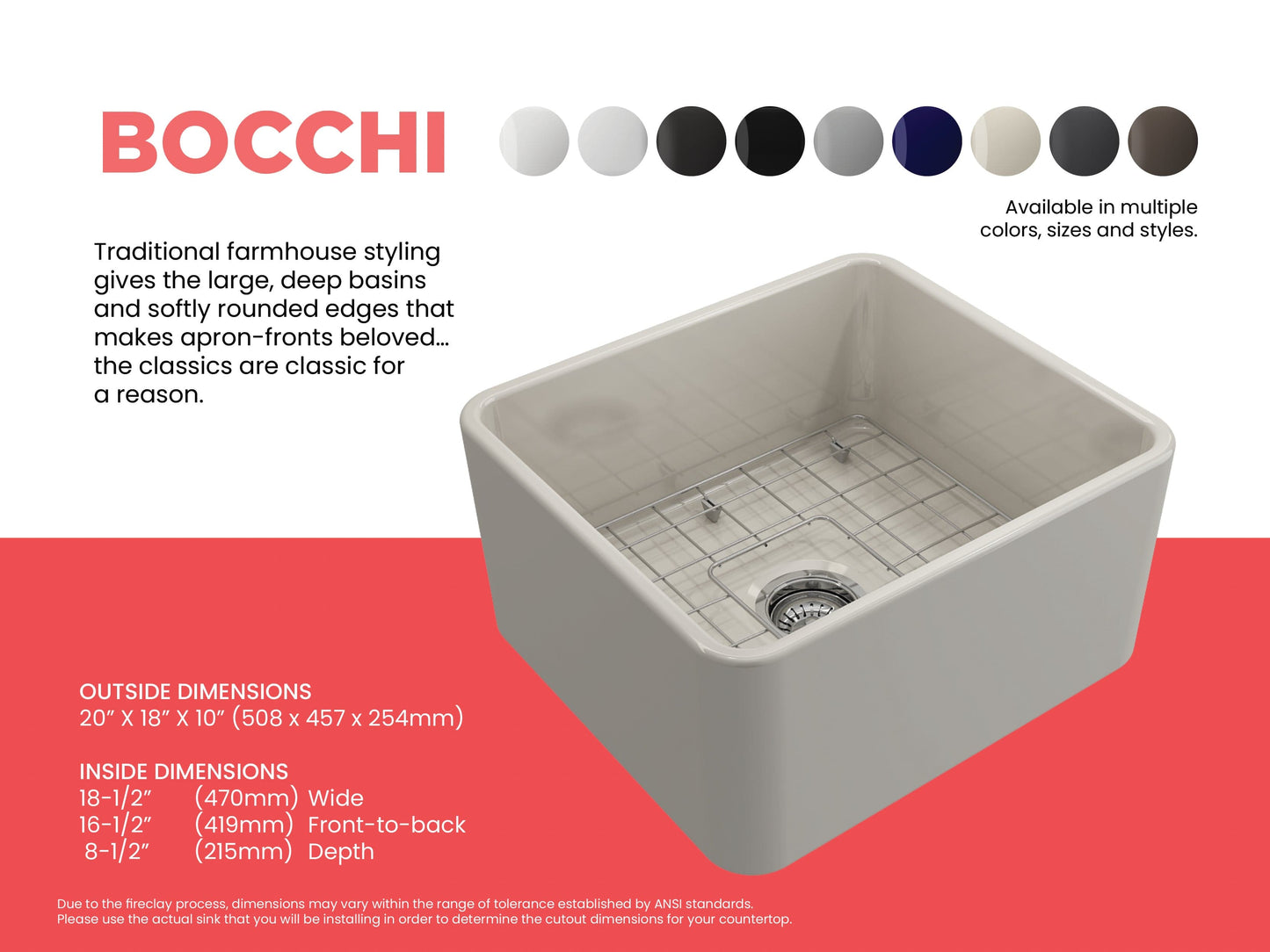 BOCCHI CLASSICO 20" Fireclay Farmhouse Single Bowl Kitchen Sink with Protective Bottom Grid and Strainer