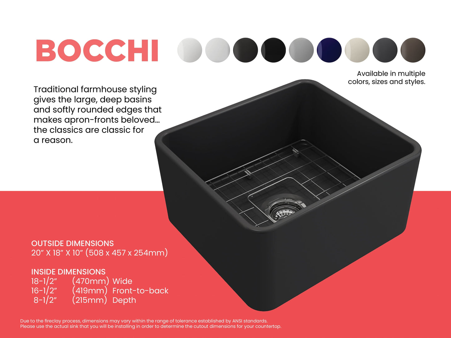 BOCCHI CLASSICO 20" Fireclay Farmhouse Single Bowl Kitchen Sink with Protective Bottom Grid and Strainer