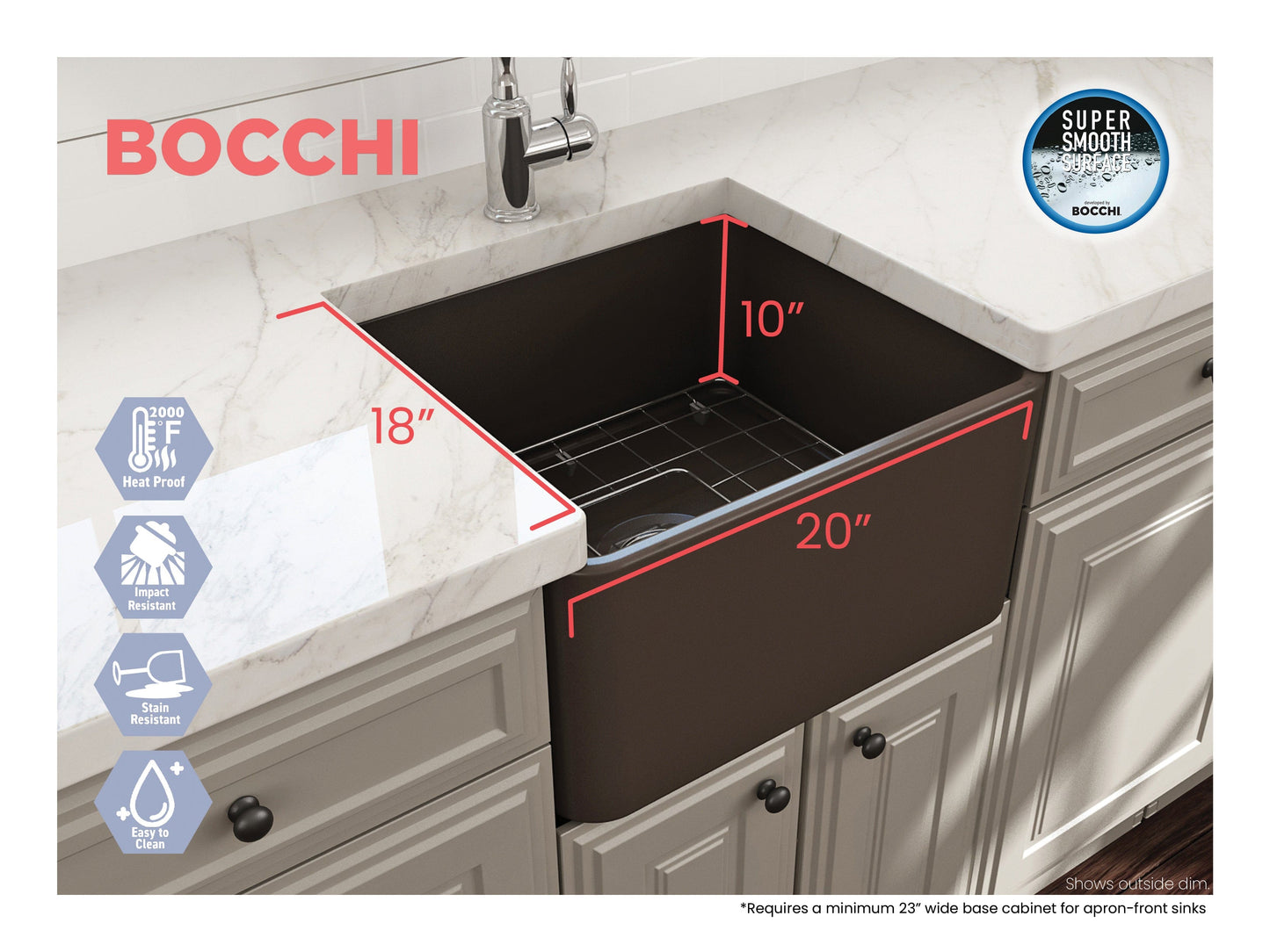 BOCCHI CLASSICO 20" Fireclay Farmhouse Single Bowl Kitchen Sink with Protective Bottom Grid and Strainer