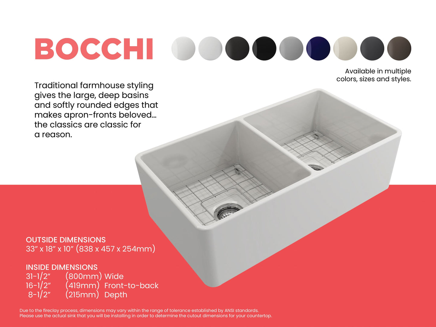 BOCCHI CLASSICO 33" Fireclay Traditional Farmhouse Double Bowl Kitchen Sink with Protective Bottom Grid and Strainer