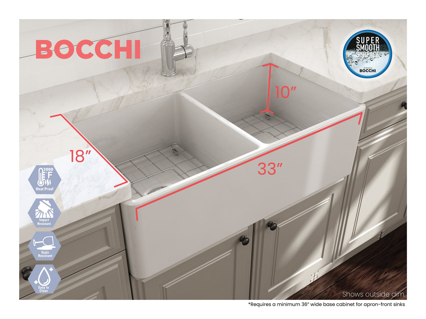 BOCCHI CLASSICO 33" Fireclay Kitchen Sink with Protective Bottom Grids and Strainers with Livenza 2.0 Faucet