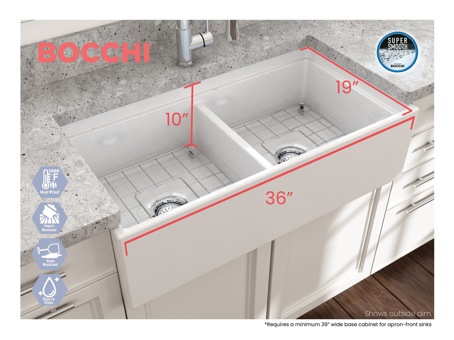 BOCCHI CONTEMPO 36" Step Rim Fireclay Farmhouse Double Bowl Kitchen Sink with Protective Bottom Grid and Strainer