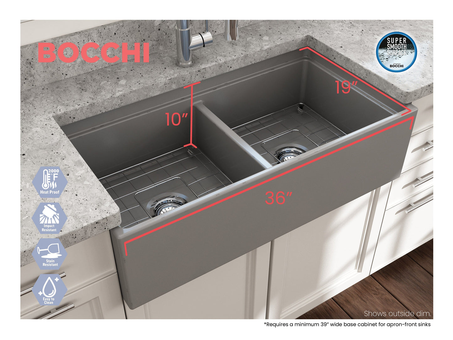 BOCCHI CONTEMPO 36" Step Rim Fireclay Farmhouse Double Bowl Kitchen Sink with Protective Bottom Grid and Strainer