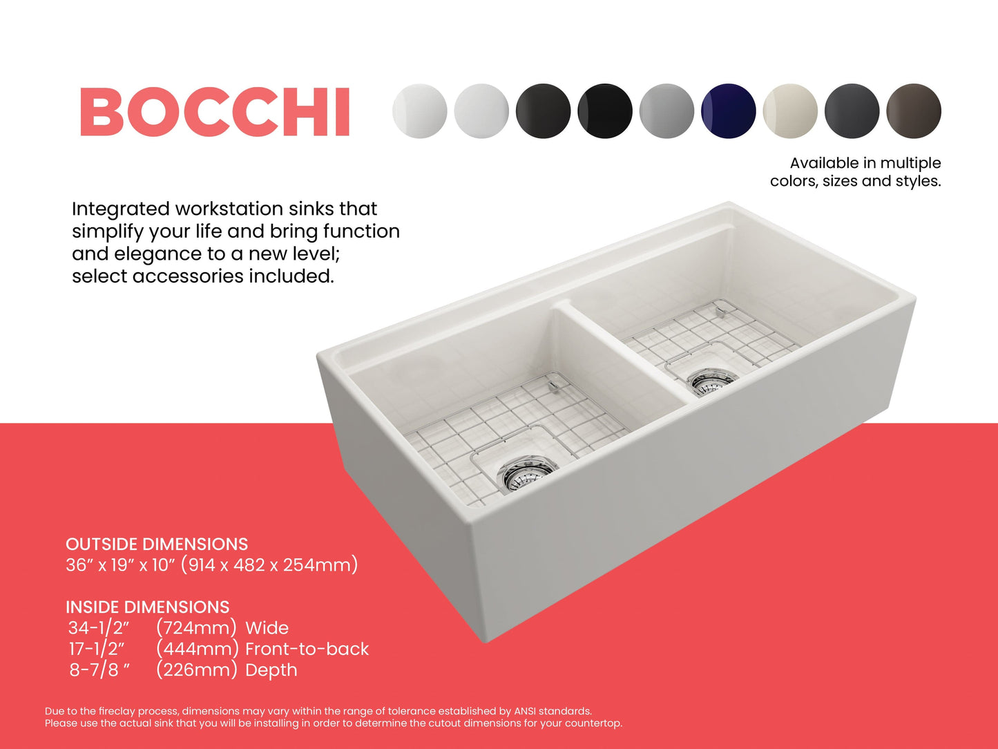 BOCCHI CONTEMPO 36" Step Rim Fireclay Farmhouse Double Bowl Kitchen Sink with Protective Bottom Grid and Strainer