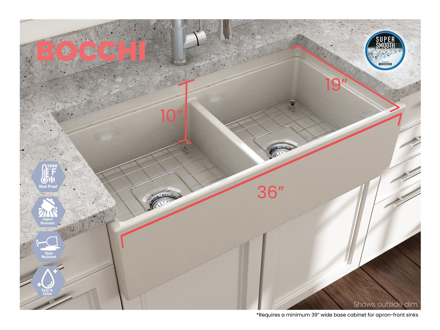 BOCCHI CONTEMPO 36" Step Rim Fireclay Farmhouse Double Bowl Kitchen Sink with Protective Bottom Grid and Strainer