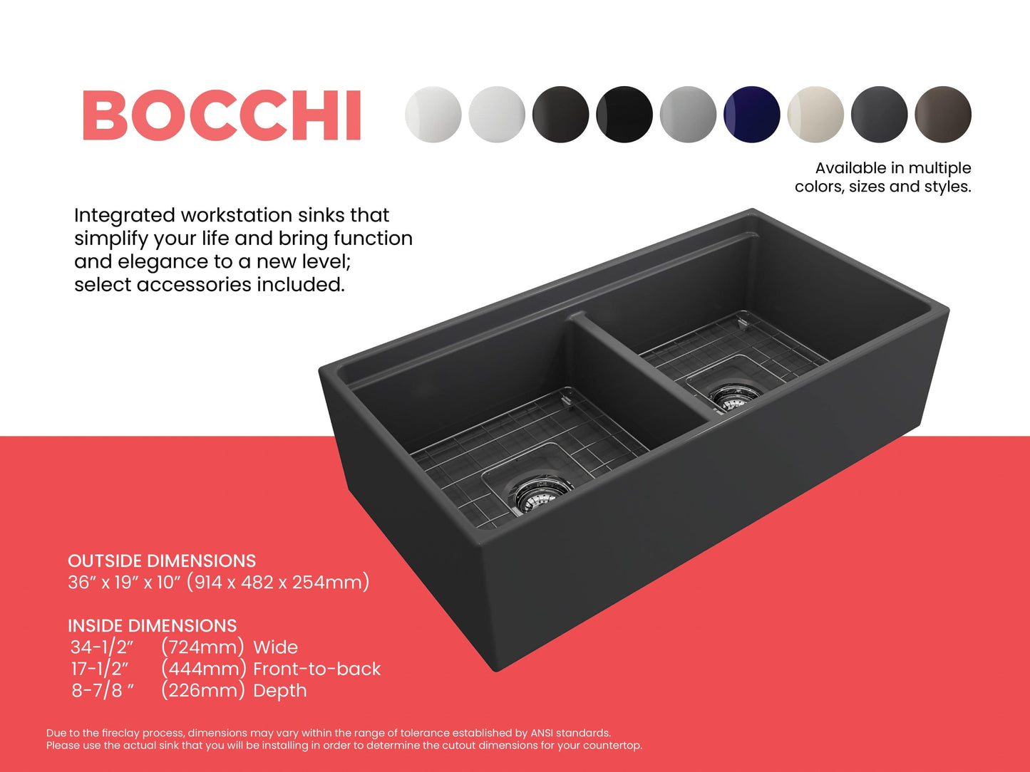 BOCCHI CONTEMPO 36" Step Rim Fireclay Farmhouse Double Bowl Kitchen Sink with Protective Bottom Grid and Strainer