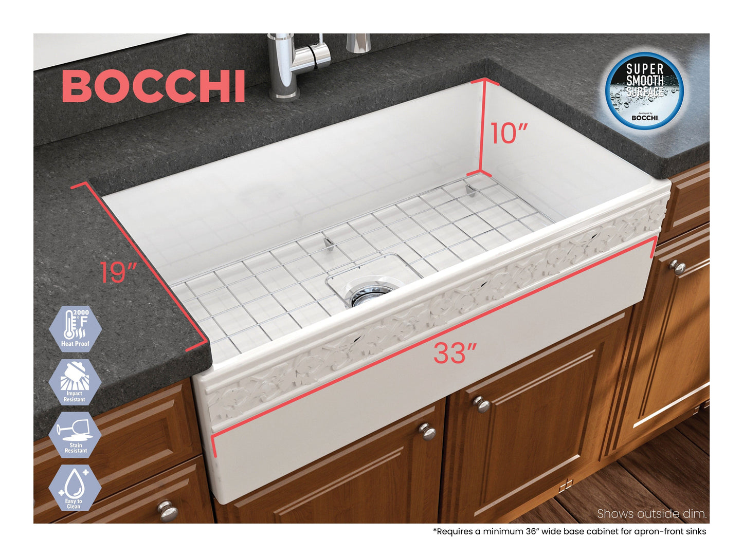 BOCCHI VIGNETO 33" Fireclay Farmhouse Single Bowl Kitchen Sink with Protective Bottom Grid and Strainer