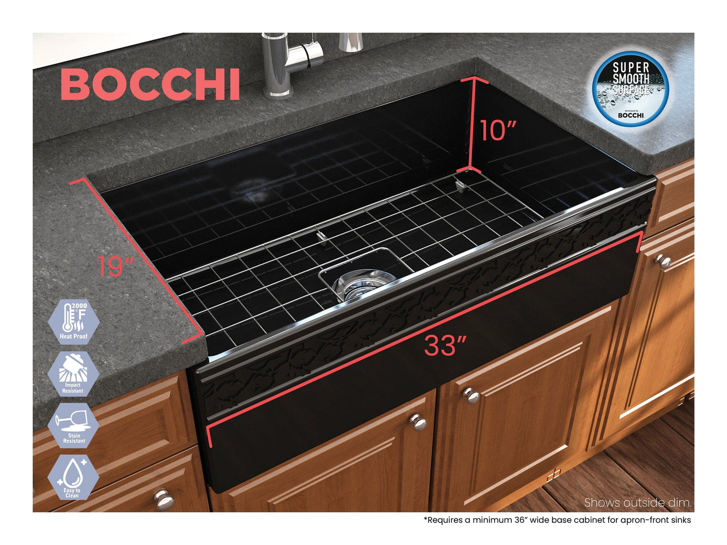 BOCCHI VIGNETO 33" Fireclay Farmhouse Single Bowl Kitchen Sink with Protective Bottom Grid and Strainer