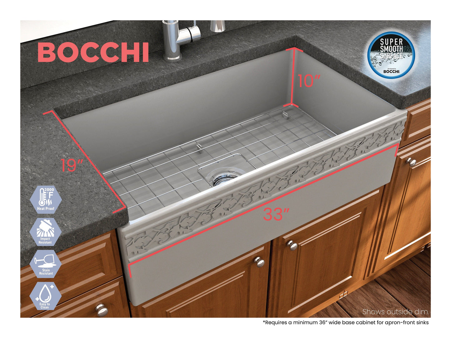 BOCCHI VIGNETO 33" Fireclay Farmhouse Single Bowl Kitchen Sink with Protective Bottom Grid and Strainer