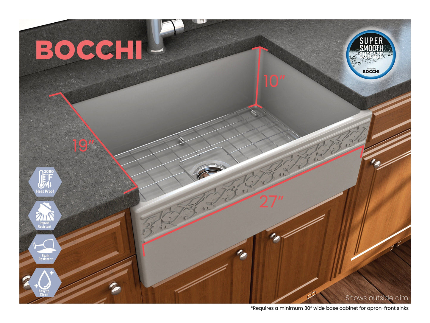 BOCCHI VIGNETO 27" Fireclay Farmhouse Single Bowl Kitchen Sink with Protective Bottom Grid and Strainer