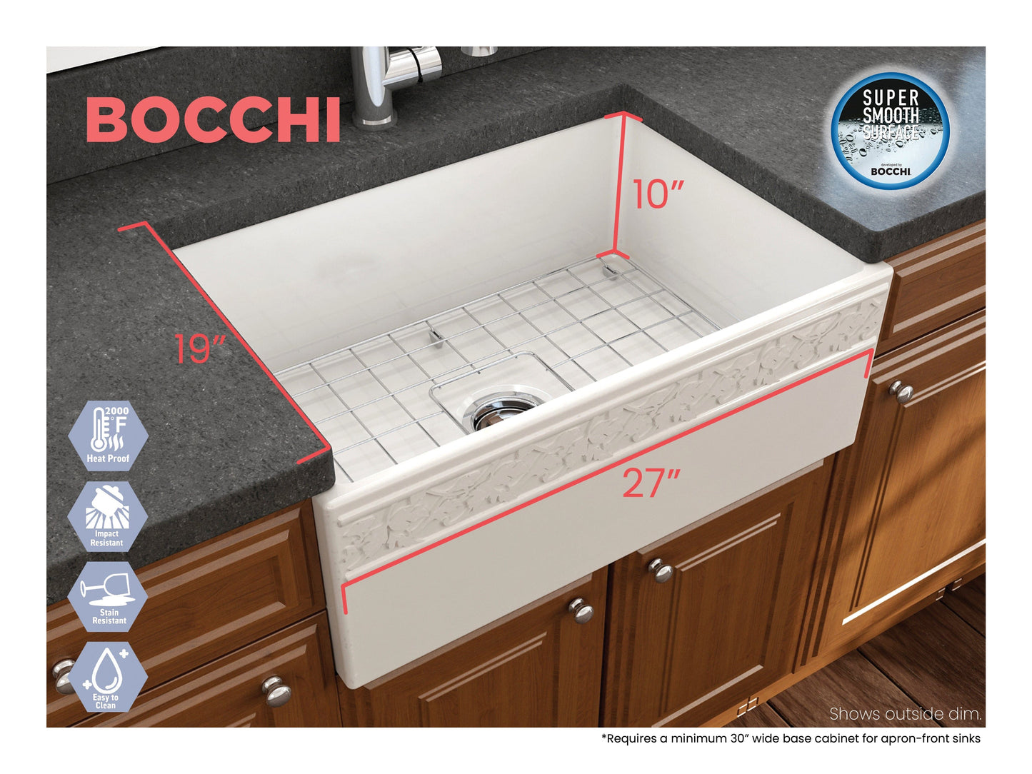 BOCCHI VIGNETO 27" Fireclay Farmhouse Single Bowl Kitchen Sink with Protective Bottom Grid and Strainer