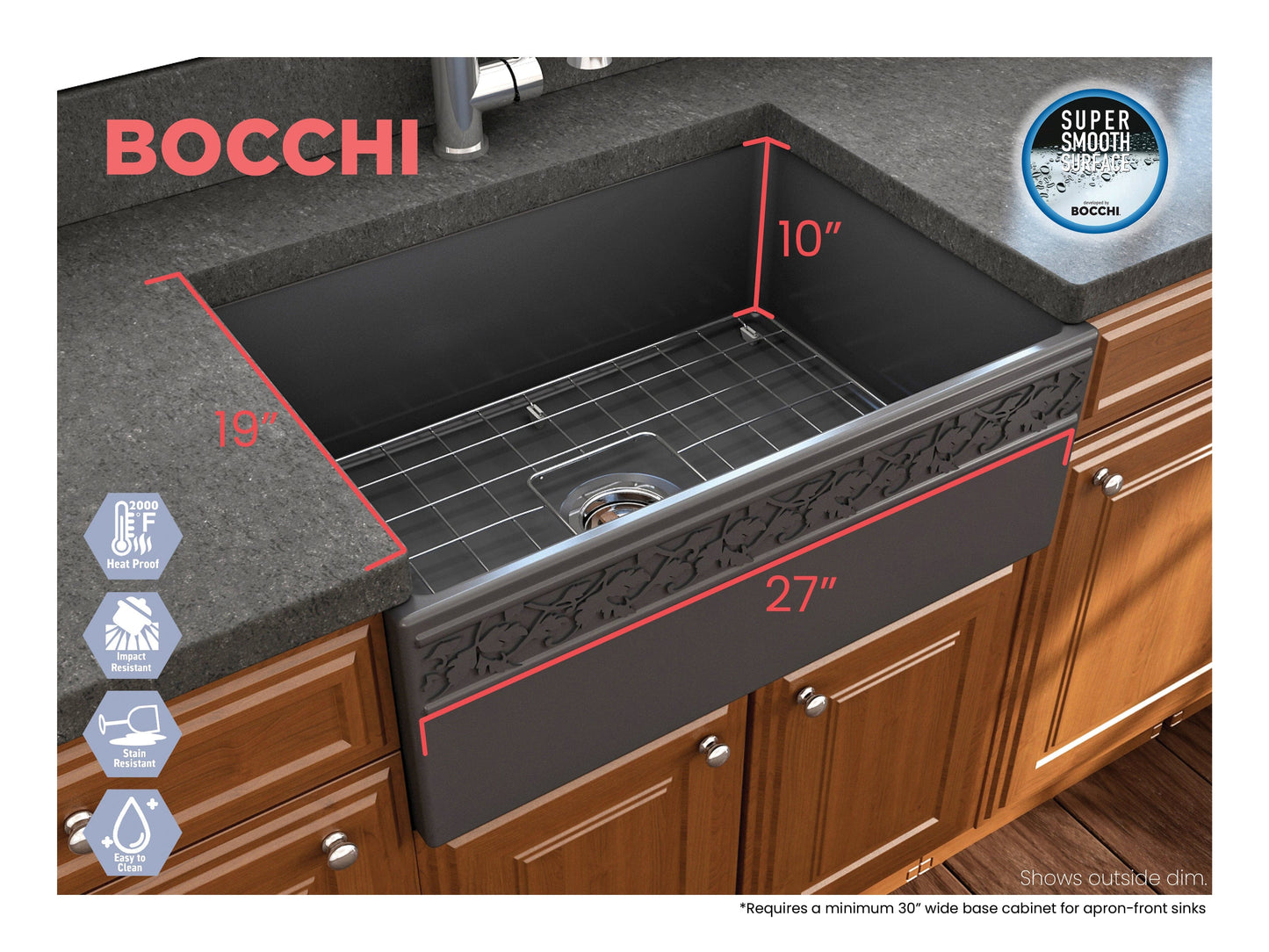 BOCCHI VIGNETO 27" Fireclay Farmhouse Single Bowl Kitchen Sink with Protective Bottom Grid and Strainer