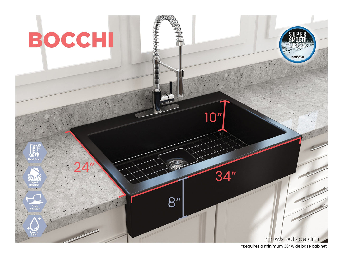 BOCCHI NUOVA Farmhouse Short Apron Front Fireclay 34" Single Bowl Kitchen Sink