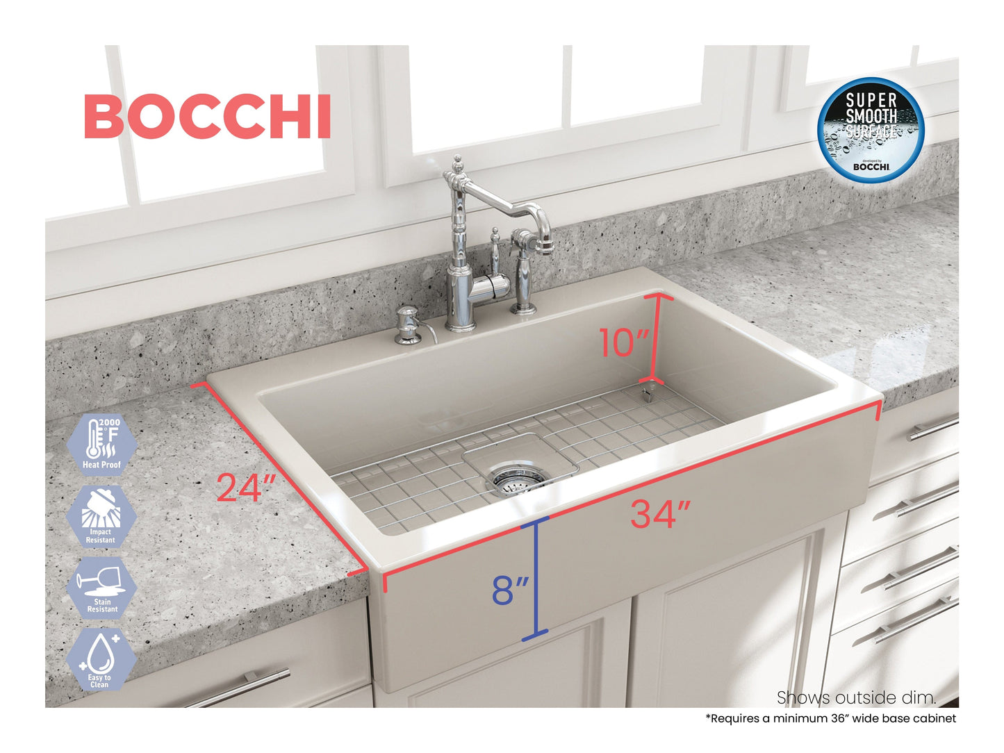 BOCCHI NUOVA Farmhouse Short Apron Front Fireclay 34" Single Bowl Kitchen Sink