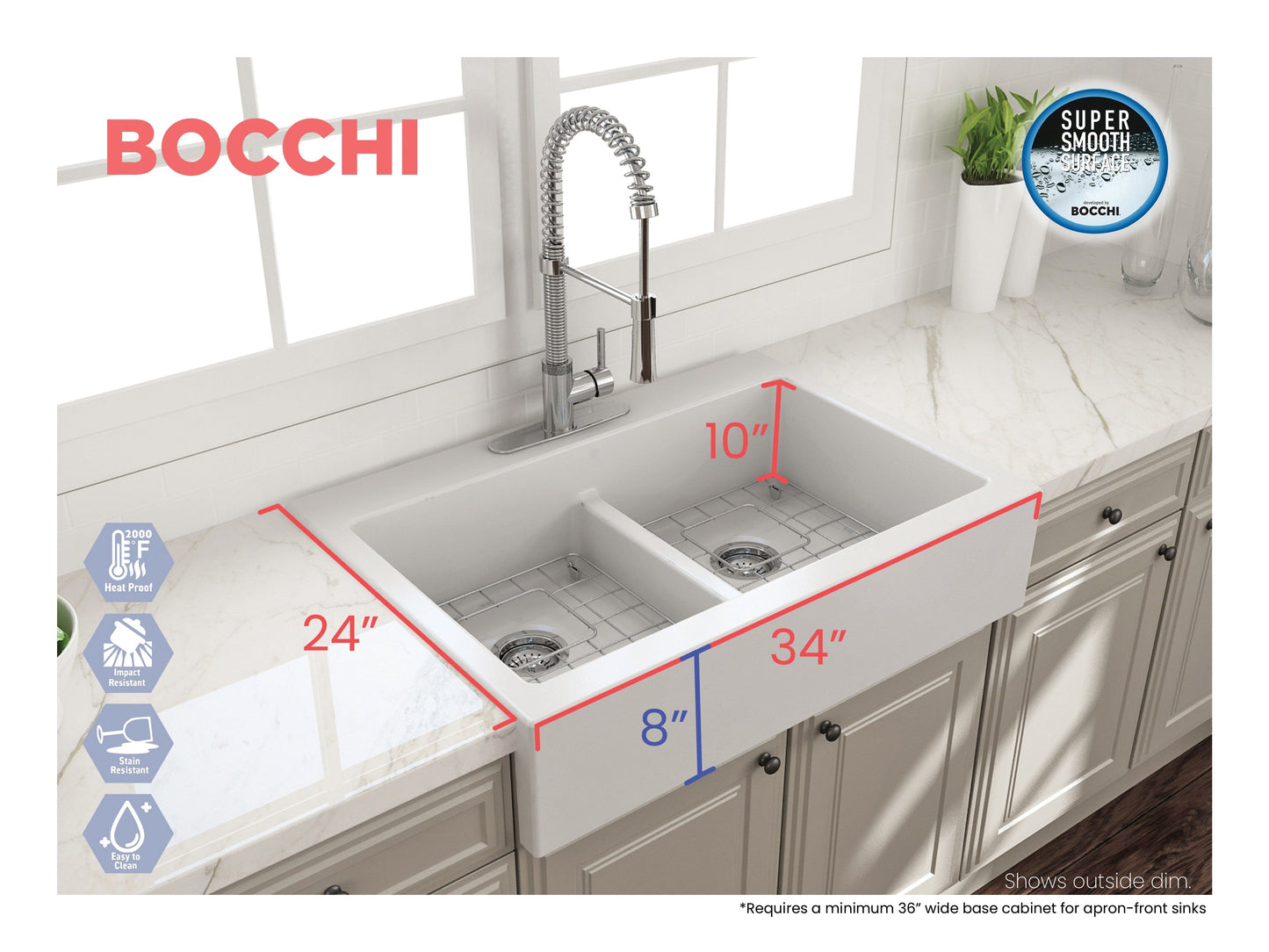 BOCCHI NUOVA Farmhouse Short Apron Front Fireclay 34" Double Bowl Kitchen Sink