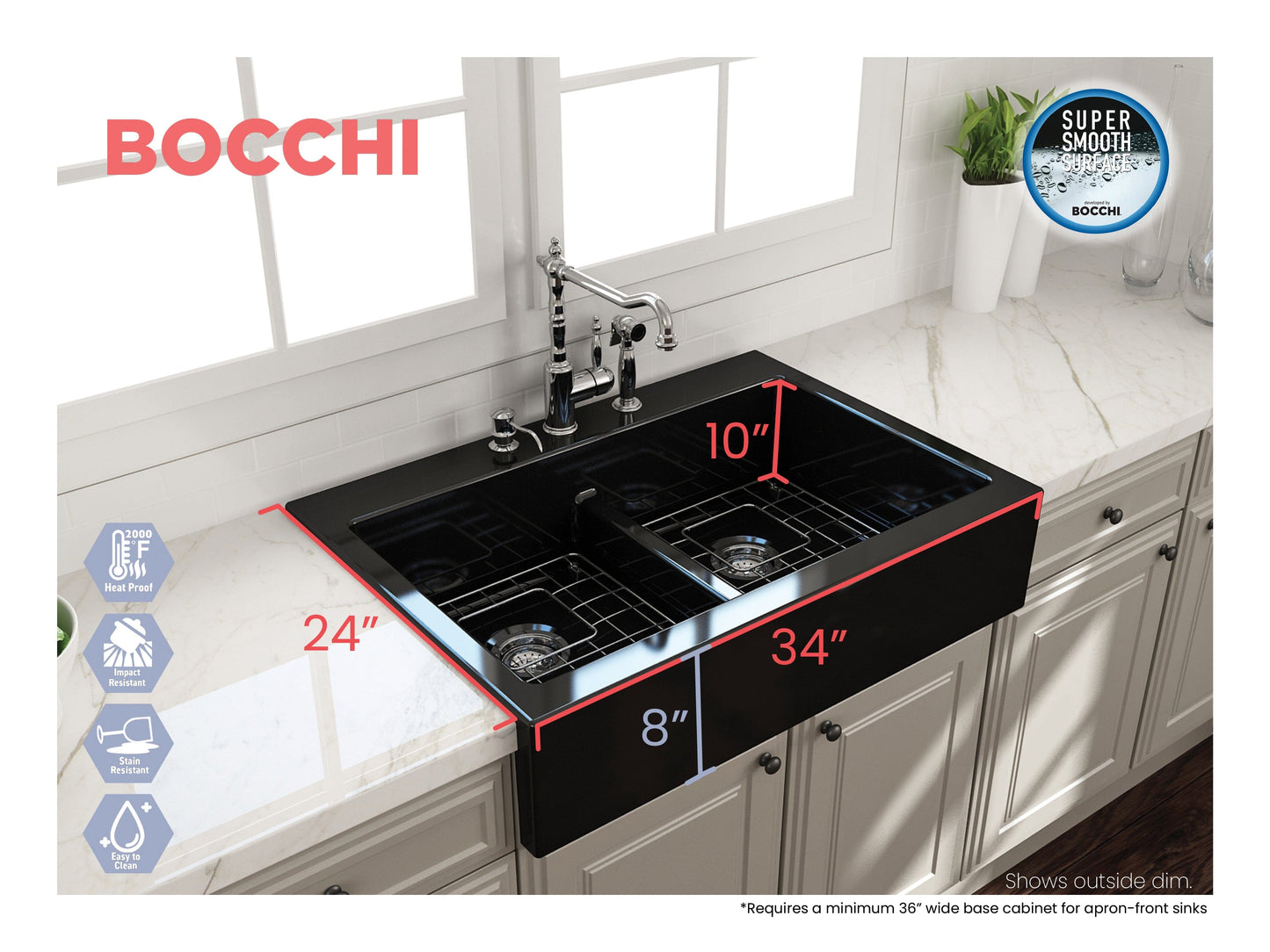 BOCCHI NUOVA Farmhouse Short Apron Front Fireclay 34" Double Bowl Kitchen Sink