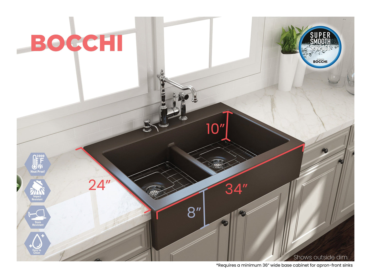 BOCCHI NUOVA Farmhouse Short Apron Front Fireclay 34" Double Bowl Kitchen Sink