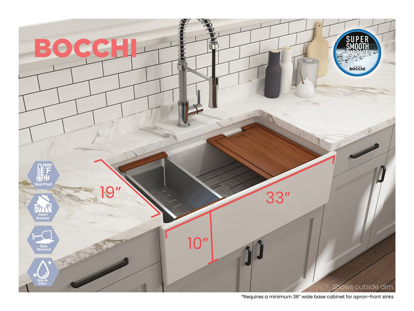 BOCCHI CONTEMPO 33" Step Rim With Integrated Work Station Fireclay Farmhouse Single Bowl Kitchen Sink with Accessories