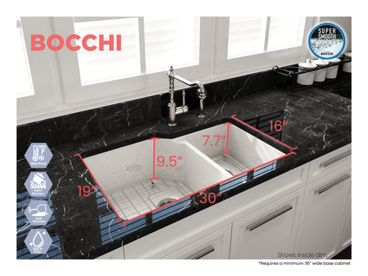 Bocchi SOTTO 33" Fireclay Double Bowl Kitchen Sink with Protective Bottom Grid and Strainer