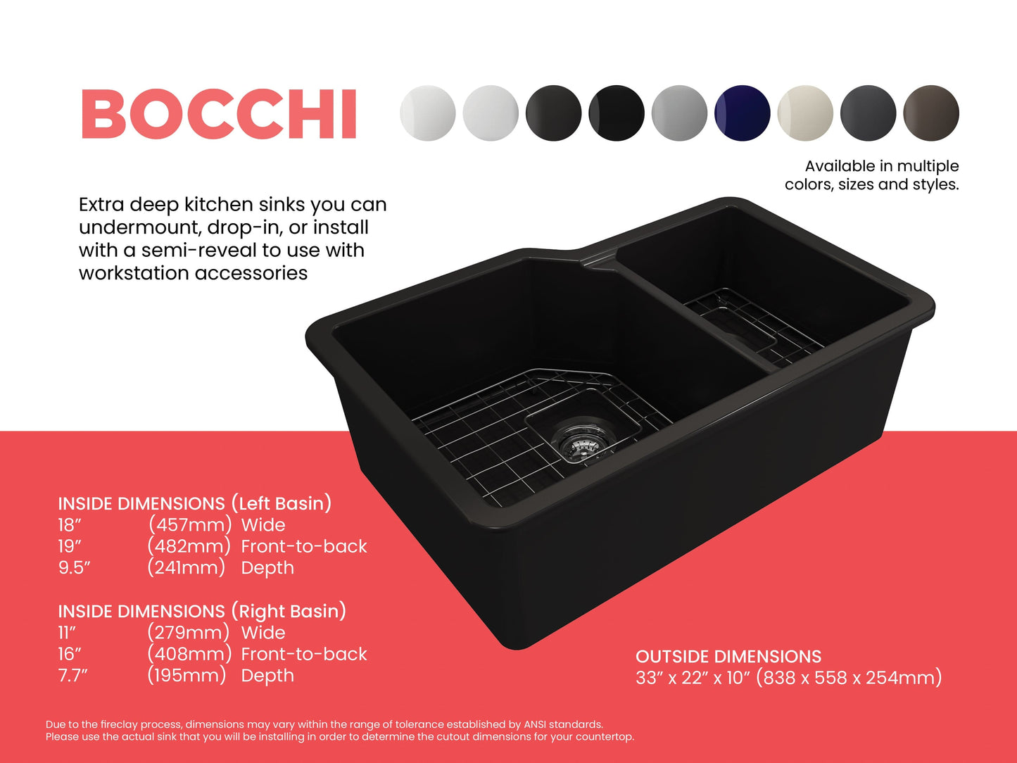 Bocchi SOTTO 33" Fireclay Double Bowl Kitchen Sink with Protective Bottom Grid and Strainer