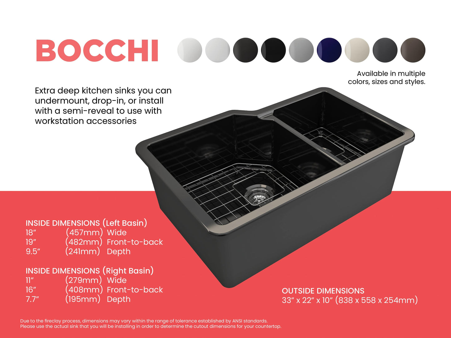 Bocchi SOTTO 33" Fireclay Double Bowl Kitchen Sink with Protective Bottom Grid and Strainer