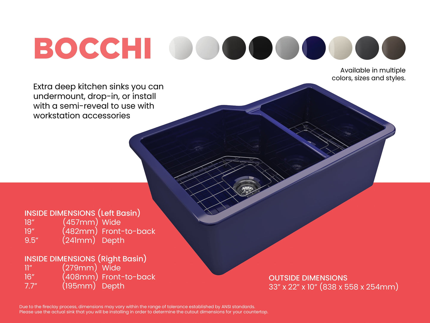 Bocchi SOTTO 33" Fireclay Double Bowl Kitchen Sink with Protective Bottom Grid and Strainer