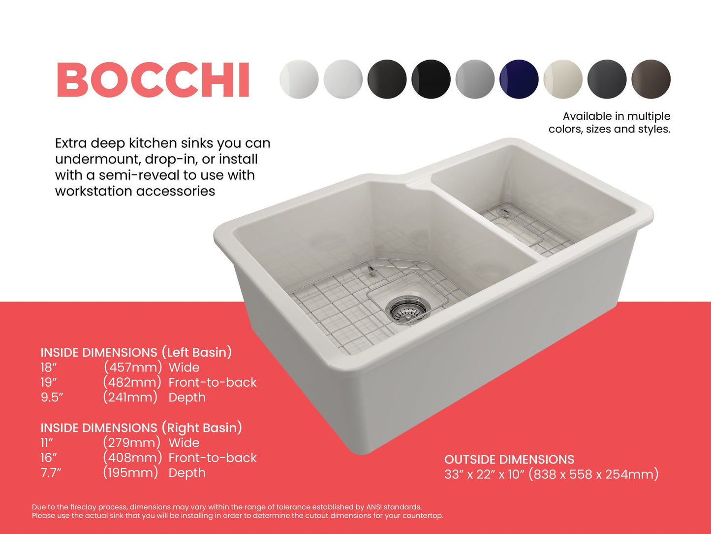 Bocchi SOTTO 33" Fireclay Double Bowl Kitchen Sink with Protective Bottom Grid and Strainer