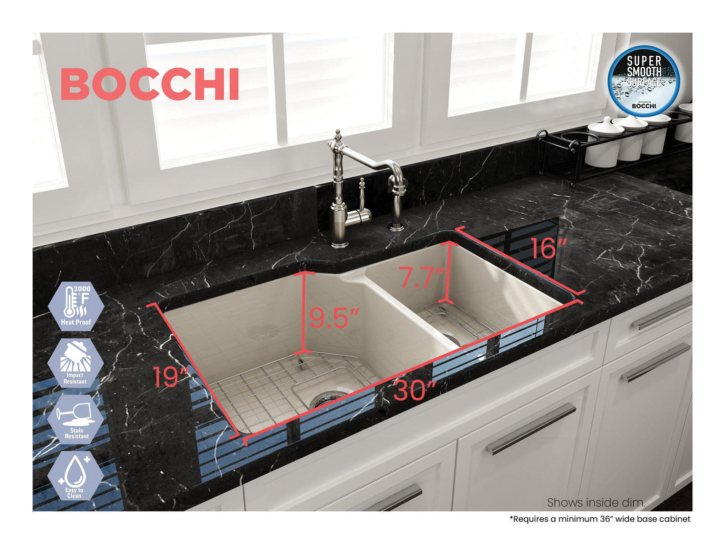 Bocchi SOTTO 33" Fireclay Double Bowl Kitchen Sink with Protective Bottom Grid and Strainer