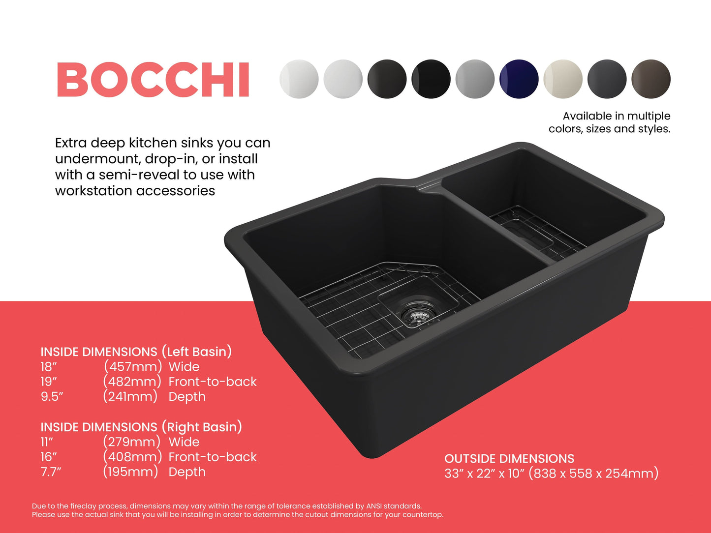 Bocchi SOTTO 33" Fireclay Double Bowl Kitchen Sink with Protective Bottom Grid and Strainer