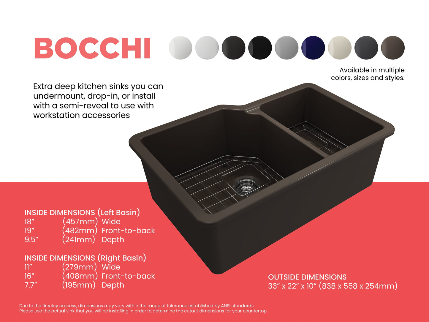 Bocchi SOTTO 33" Fireclay Double Bowl Kitchen Sink with Protective Bottom Grid and Strainer