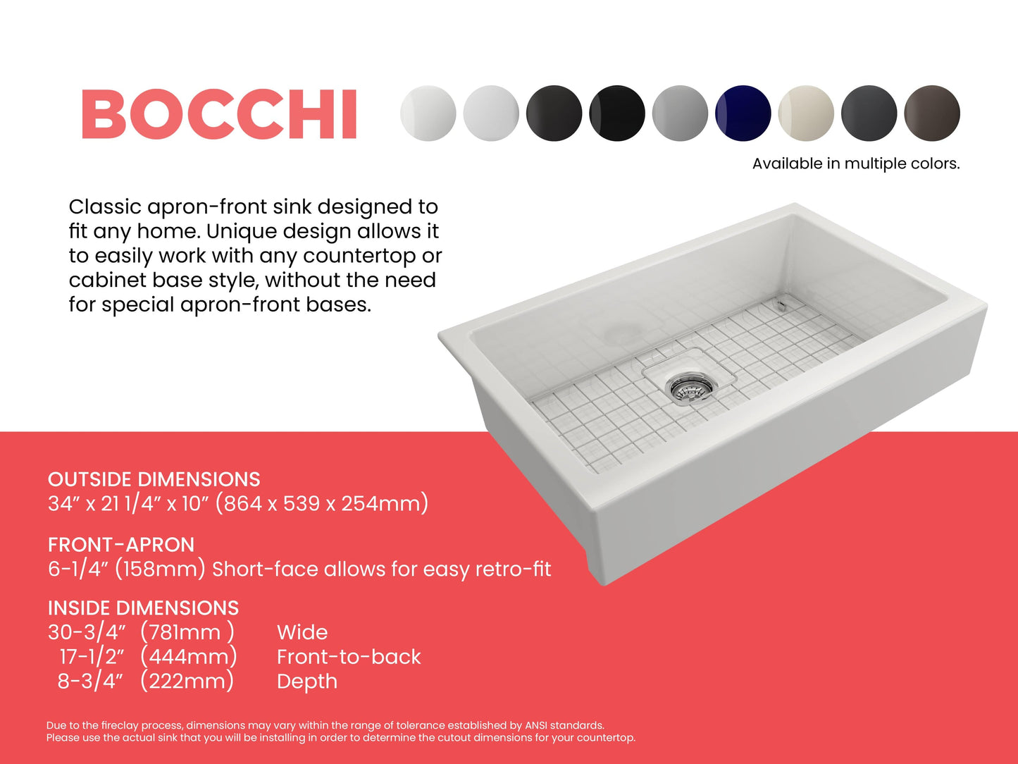 BOCCHI NUOVA 34" Single Bowl Kitchen Sink with Protective Bottom Grid and Strainer