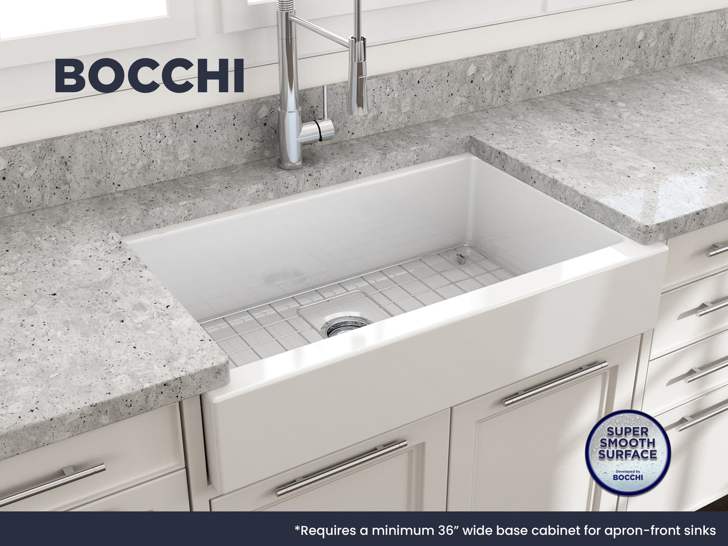 BOCCHI NUOVA 34" Single Bowl Kitchen Sink with Protective Bottom Grid and Strainer