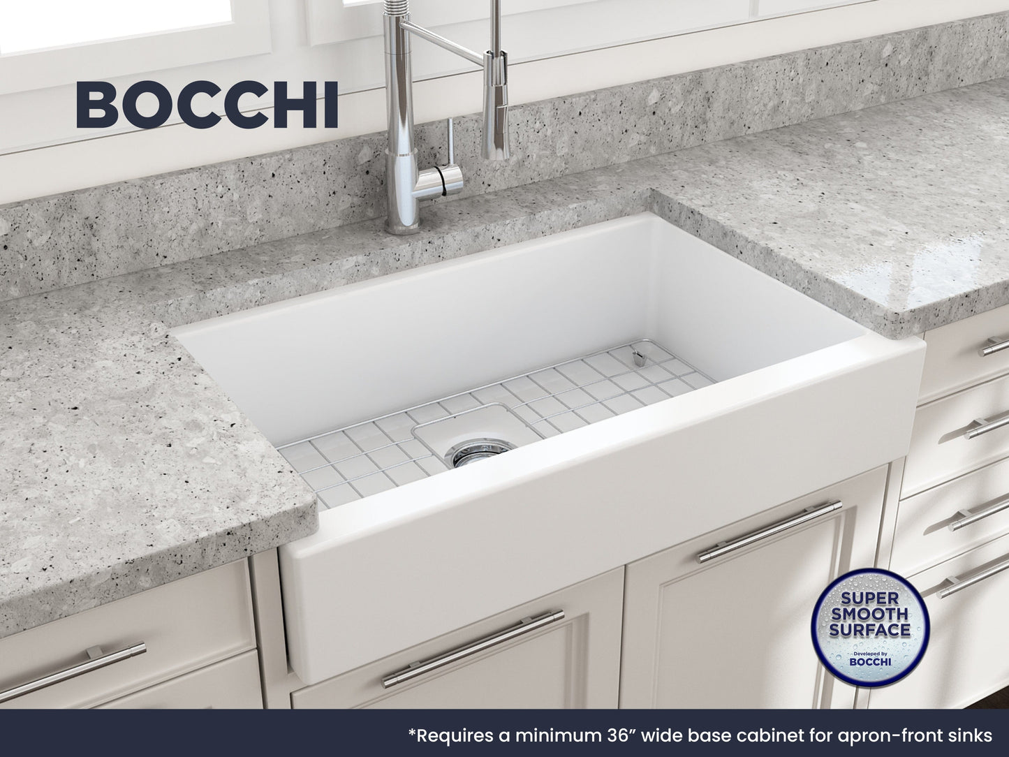 BOCCHI NUOVA 34" Single Bowl Kitchen Sink with Protective Bottom Grid and Strainer