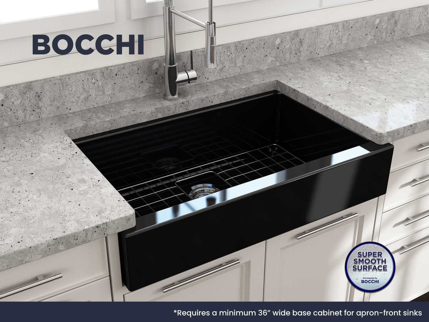 BOCCHI NUOVA 34" Single Bowl Kitchen Sink with Protective Bottom Grid and Strainer