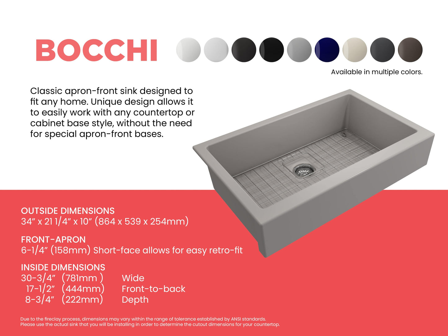 BOCCHI NUOVA 34" Single Bowl Kitchen Sink with Protective Bottom Grid and Strainer