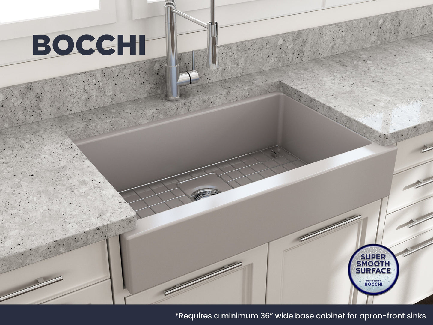 BOCCHI NUOVA 34" Single Bowl Kitchen Sink with Protective Bottom Grid and Strainer