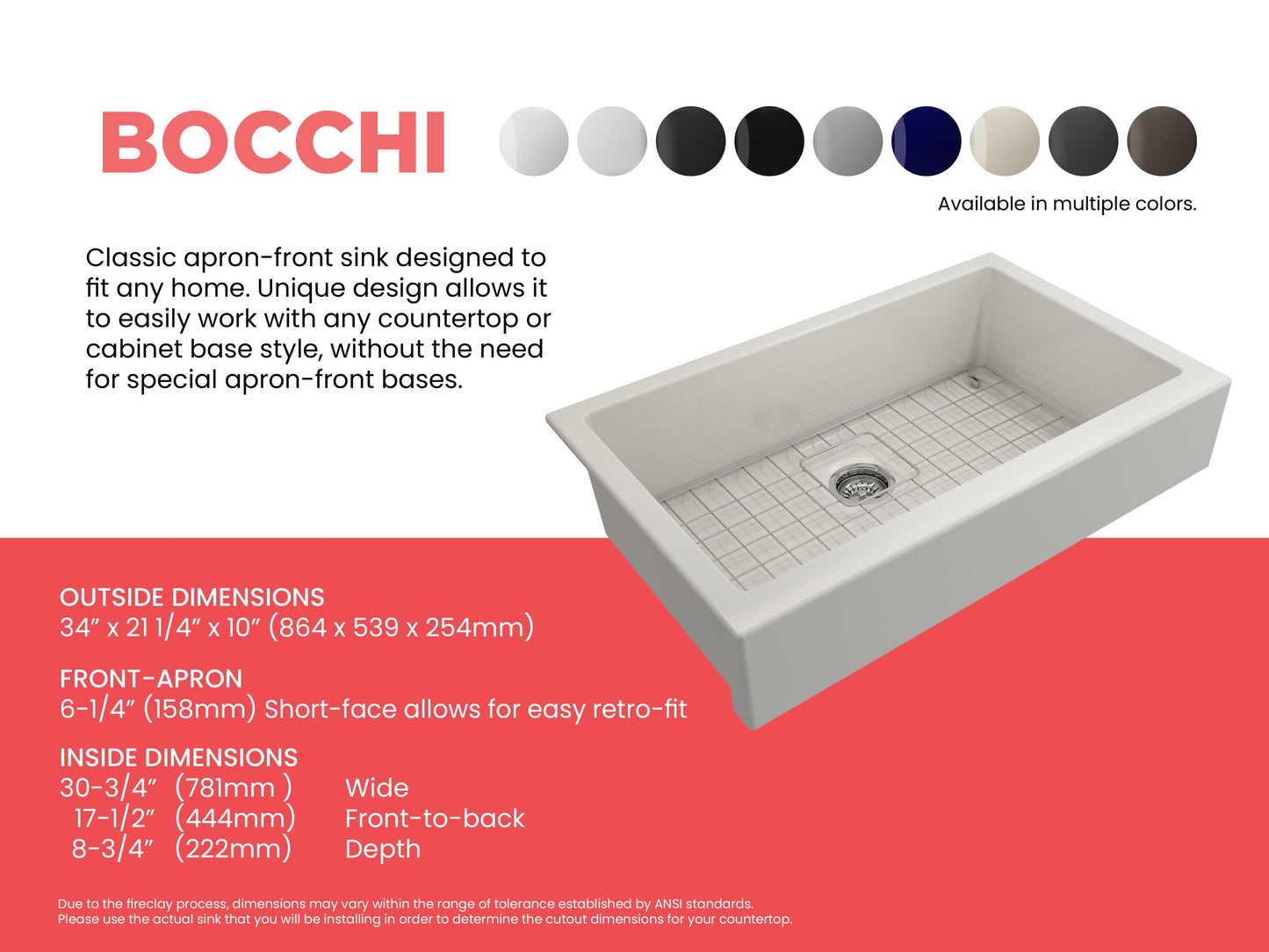 BOCCHI NUOVA 34" Single Bowl Kitchen Sink with Protective Bottom Grid and Strainer